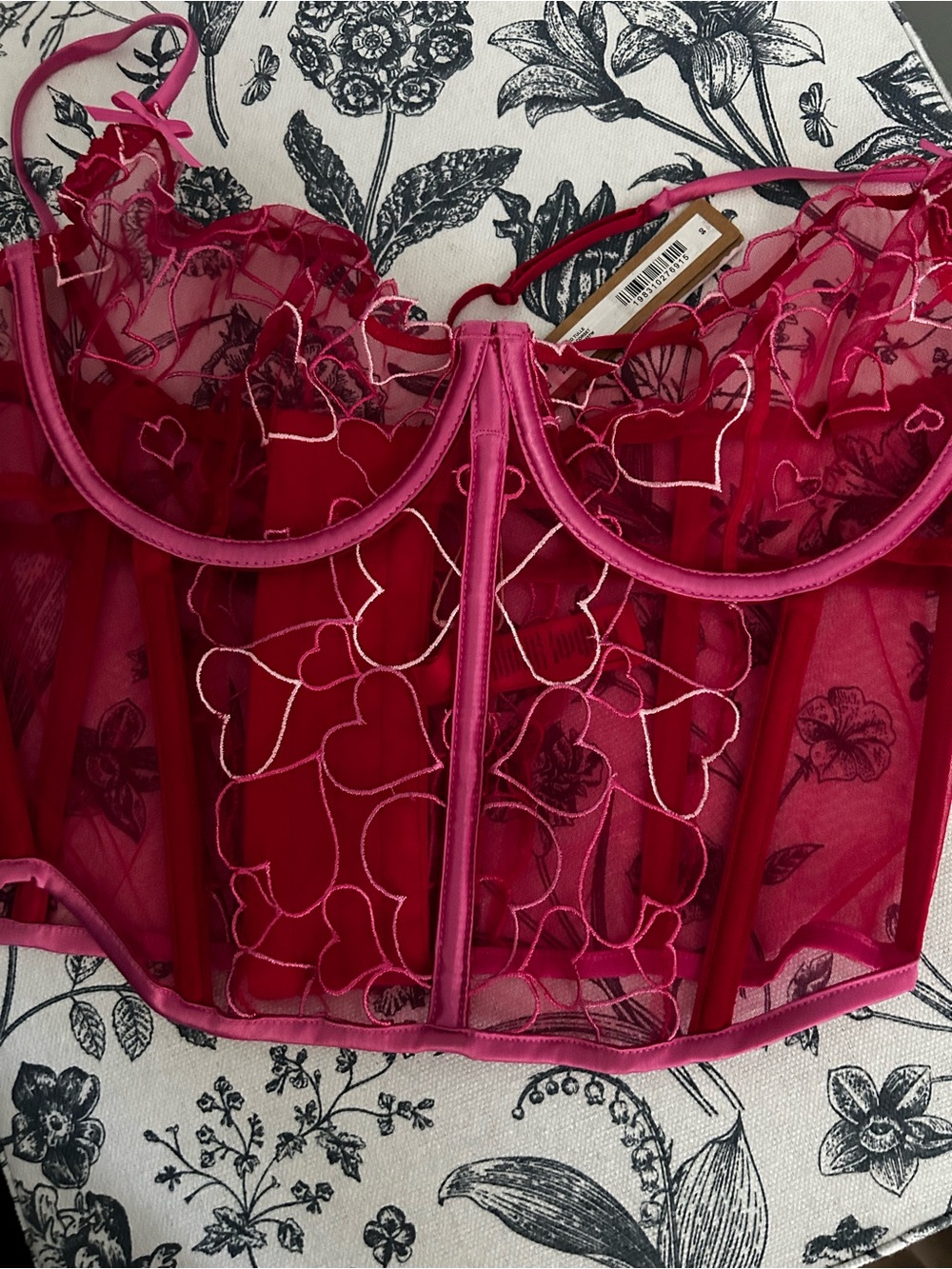 SKIMS Fuchsia Sheer Heart-Embroidered Bustier